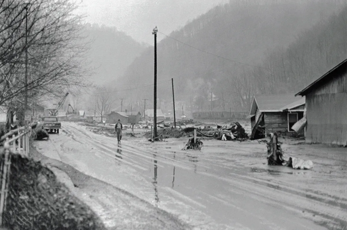 (Original Caption) In the middle of this small coal mining community was a row of houses. But Buffalo Creek wiped them out when a slag dam upstream gave way on Saturaday, sending a cascade of water pouring down this "hollow" in southwestern West Virginia. Between 80-90 people living in the valley were feared dead.