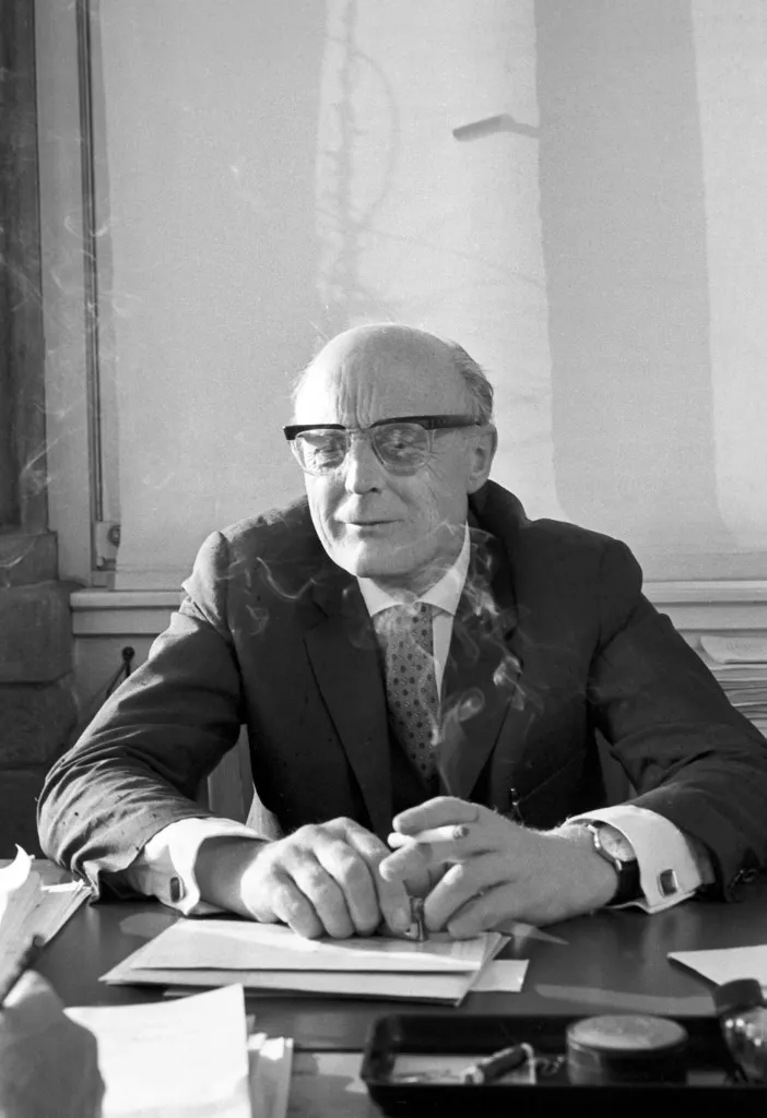 The Swedish Academy of Sciences in Stockholm awards the Nobel Prize in Physics to physicists Professor Eugen Wigner (Princeton), Professor Maria Goeppert-Mayer (University of California), and German Professor Hans Jensen (Heidelberg University), on 5 November 1963. Goeppert and Jensen were honored for discovering the nuclear shell structure. The picture shows Hans Jensen at his desk (undated archive picture). | usage worldwide (Photo by ROLAND WITSCHEL / dpa Picture-Alliance via AFP)