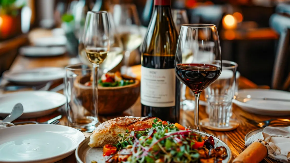 Bottle of wine sits next to glass of wine on table with plates and food. Generative AI.