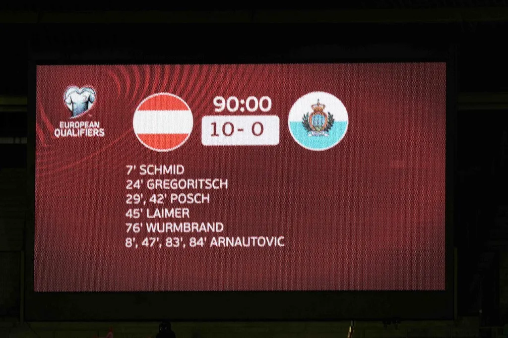 VIENNA, AUSTRIA - OCTOBER 9: Scoreboard with the final result during the FIFA World Cup 2026 qualifier match between Austria and San Marino at on October 9, 2025 in Vienna, Austria.251009_SEPA_19_057 - 20251009_PD12645 (Photo by Guenther Iby / APA-PictureDesk via AFP)