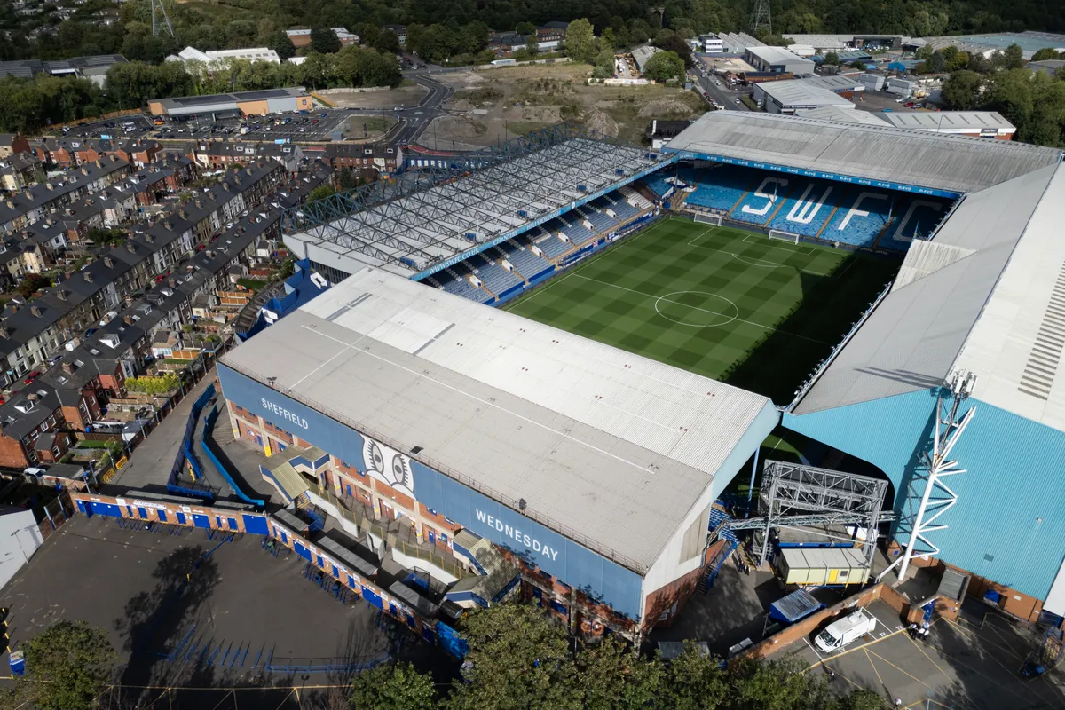 An aerial view of Sheffield Wednesday's Hillsborough stadium, seen in the sunshine ahead of the English League Cup second round football match between Sheffield Wednesday and Leeds United in Sheffield, northern England on August 26, 2025. (Photo by Oli SCARFF / AFP)
