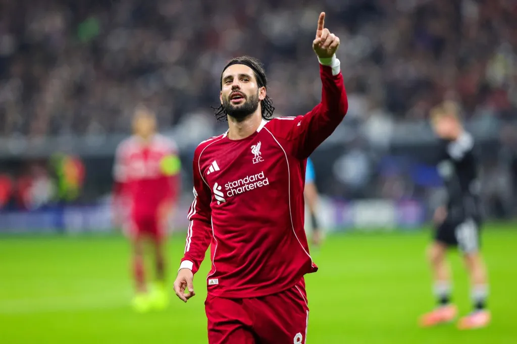 firo: 22.10.2025, Football, Football, UEFA Champions League, CL, CHL, Season 2025/2026, 3rd matchday, Eintracht Frankfurt - FC Liverpool 1:5 Dominik Szoboszlai, Liverpool jubilation after goal to 1:5 (Photo by Ralf Ibing / firo Sportphoto / dpa Picture-Alliance via AFP)