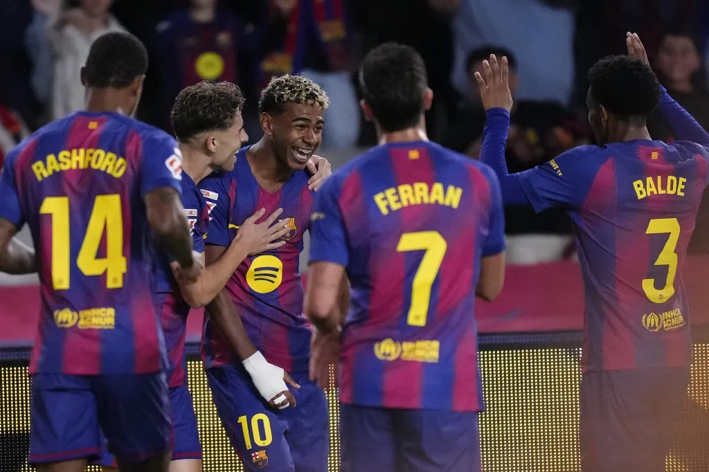 Lamine Yamal right winger of Barcelona and Spain celebrates after scoring his sides first goal during the La Liga EA Sports match between FC Barcelona and Elche CF at Estadi Olimpic Lluis Companys on November 2, 2025 in Barcelona, Spain. (Photo by Jose Breton/Pics Action/NurPhoto) (Photo by Jose Breton / NurPhoto via AFP)