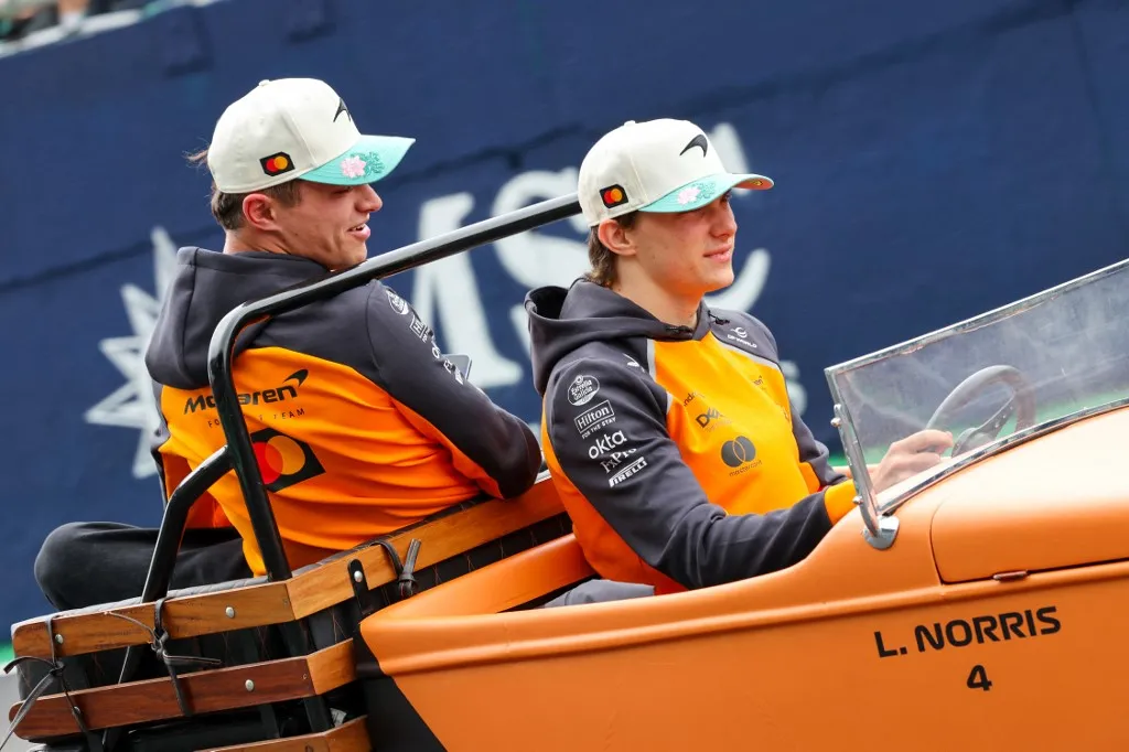 Oscar Piastri and Lando Norris participate in the Formula 1 MSC Cruises Grande Premio De Sao Paulo 2025 in Sao Paulo, Brazil, on November 9, 2025. (Photo by Alessio Morgese/NurPhoto) (Photo by Alessio Morgese / NurPhoto via AFP)