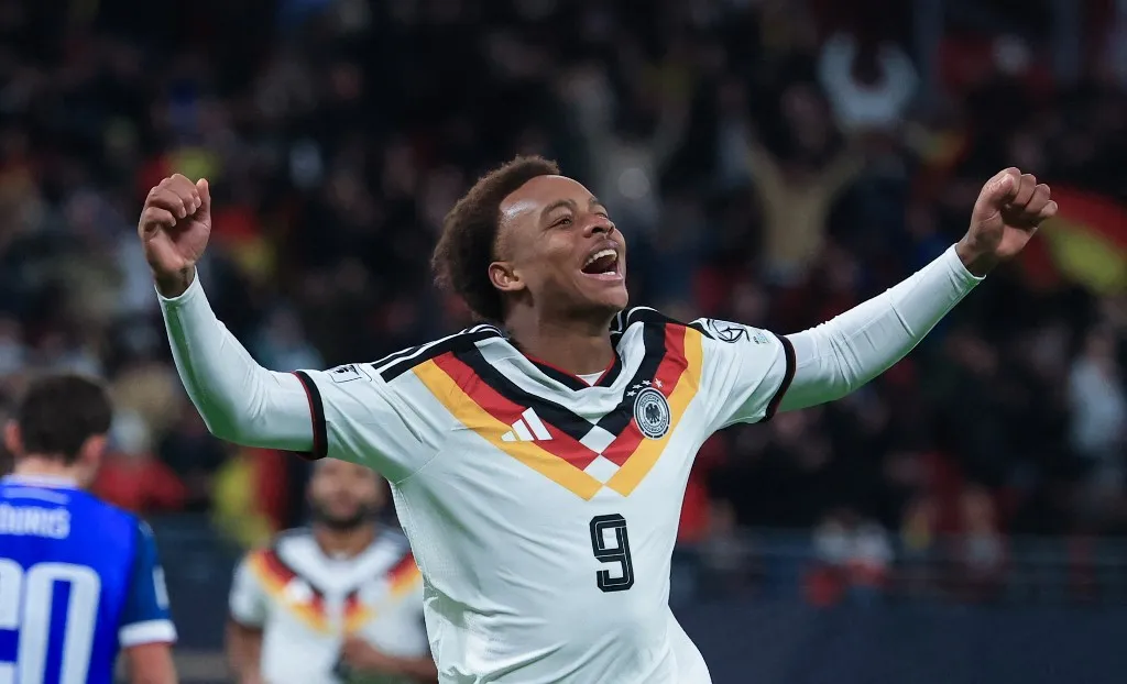 17 November 2025, Saxony, Leipzig: Soccer: World Cup Qualification Europe, Germany - Slovakia, Group Phase, Group A, Matchday 6, Red Bull Arena. Assan Ouédraogo (Germany) celebrates after his goal to make it 6:0. Photo: Jan Woitas/dpa (Photo by JAN WOITAS / dpa Picture-Alliance via AFP)