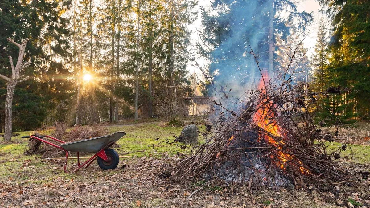 zöldhulladék,avarégetés, avar, égetésFire during cleanup of garden with sun setting and an old wheelbarrow. Sweden