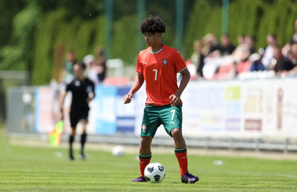 Portugal's U15 national football team player Cristiano Dos Santos, son of Cristiano Ronaldo, controls the ball during a match between Portugal and Japan as part of the Vlatko-Markovic U15 youth tournament in Sveti Martin na Muri on May 13 2025. (Photo by DAMIR SENCAR / AFP)