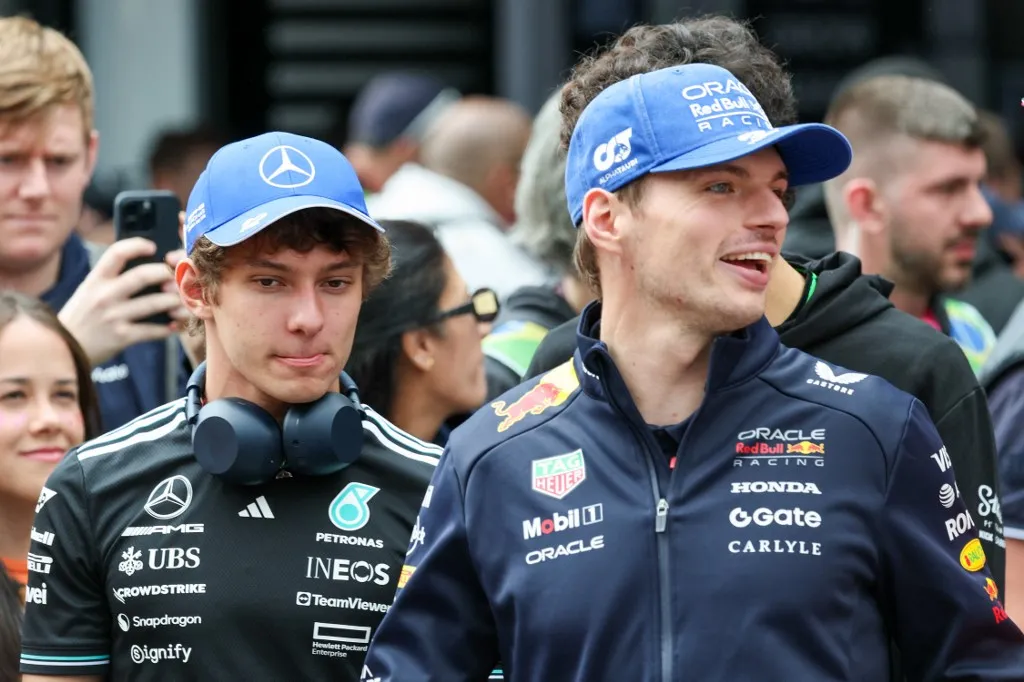 Max Verstappen and Andrea Kimi Antonelli participate in the Formula 1 MSC Cruises Grande Premio De Sao Paulo 2025 in Sao Paulo, Brazil, on November 9, 2025. (Photo by Alessio Morgese/NurPhoto) (Photo by Alessio Morgese / NurPhoto via AFP)