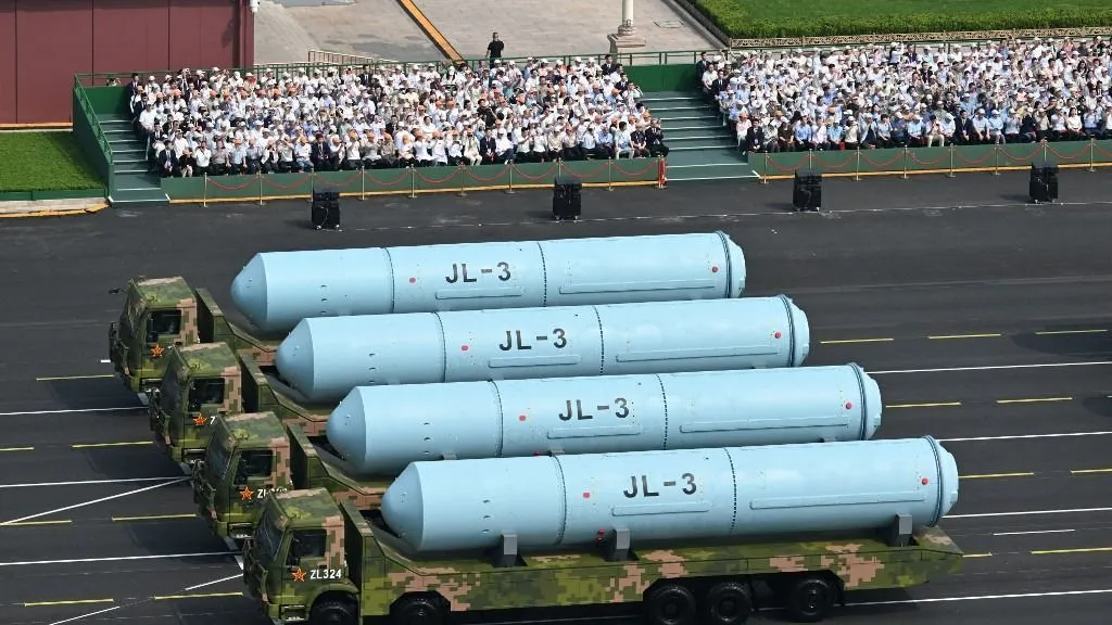 (250903) -- BEIJING, Sept. 3, 2025 (Xinhua) -- The nuclear missile formation attends a military parade in Beijing, capital of China, Sept. 3, 2025. China on Wednesday held a grand gathering to commemorate the 80th anniversary of the victory in the Chinese People's War of Resistance against Japanese Aggression and the World Anti-Fascist War. (Xinhua/Ma Ning) (Photo by MA NING / Xinhua via AFP)