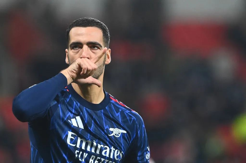 Arsenal's Spanish midfielder #23 Mikel Merino celebrates scoring his team's 0:2 during the UEFA Champions League - league phase day 4 football match between Slavia Prague and Arsenal FC in Prague, Czech Republic on November 4, 2025. (Photo by Michal Cizek / AFP)