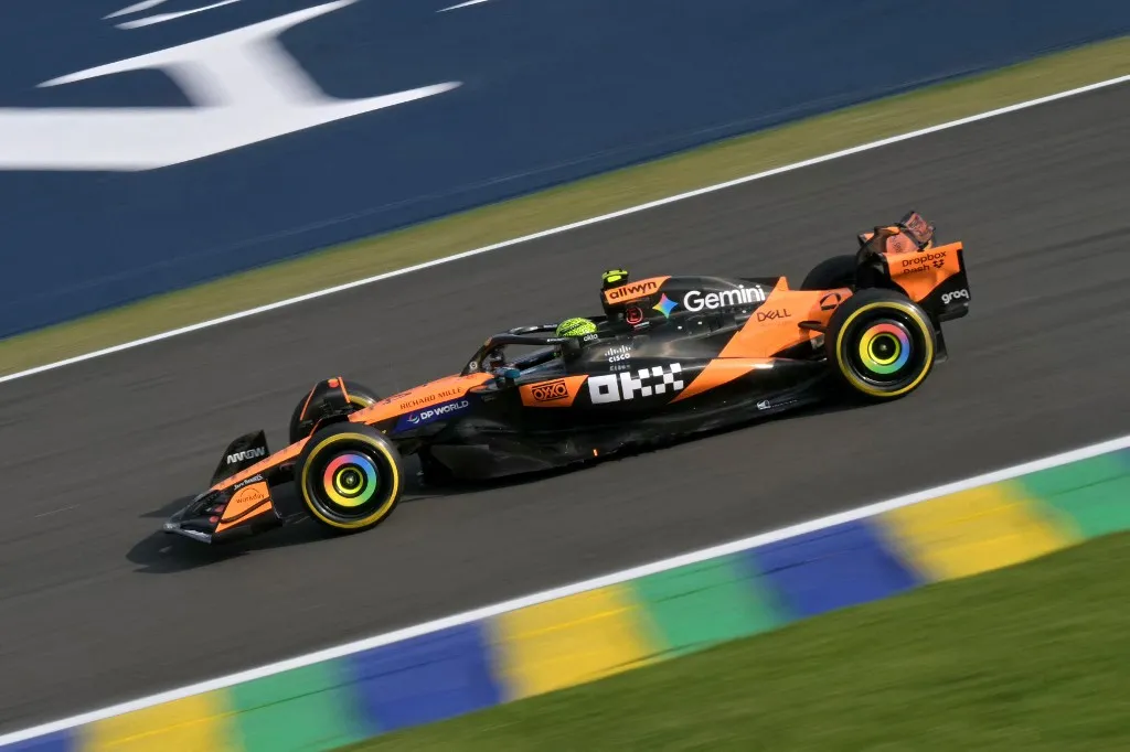 McLaren's British driver Lando Norris drives during the sprint qualifying of the Sao Paulo Formula One Grand Prix at the Jose Carlos Pace racetrack, aka Interlagos, in Sao Paulo, Brazil on November 7, 2025. (Photo by Nelson ALMEIDA / AFP)