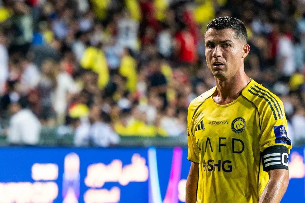 Al-Nassr's Cristiano Ronaldo reacts during the Saudi Super Cup semi-final football match between Al-Nassr and Al-Ittihad at the Hong Kong Stadium in Hong Kong on August 19, 2025. (Photo by Wun Suen / AFP)