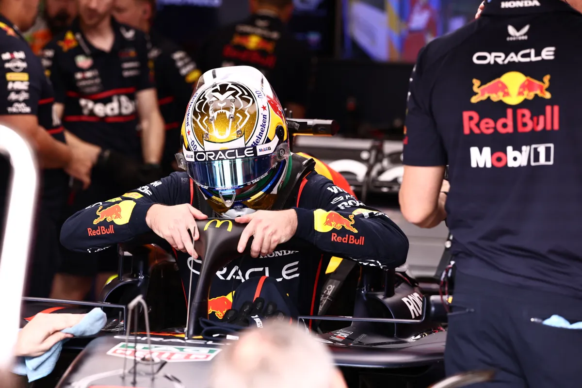 Red Bull Racing's Dutch driver Max Verstappen gets out of his car during the qualifying session of the Sao Paulo Formula One Grand Prix at the Jose Carlos Pace racetrack, aka Interlagos, in Sao Paulo, Brazil on November 8, 2025. (Photo by JEAN CARNIEL / POOL / AFP)