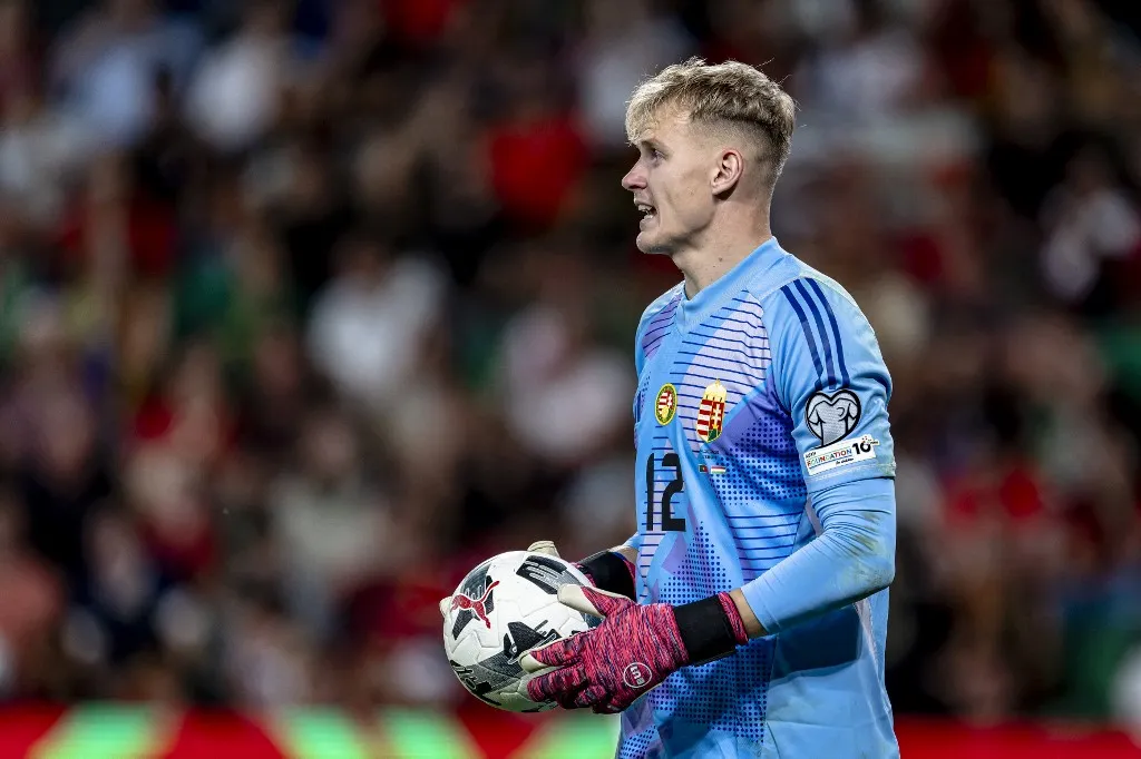 Hungary goalkeeper Balazs Toth plays during the match between Portugal and Hungary at the Estadio Jose Alvalade for the FIFA World Cup 2026 UEFA Qualifiers - Group F - Matchday 4 season 2025-2026 in Lisbon, Portugal, on October 14, 2025. (Photo by Stefan Koops/EYE4images/NurPhoto) (Photo by Stefan Koops / NurPhoto via AFP)