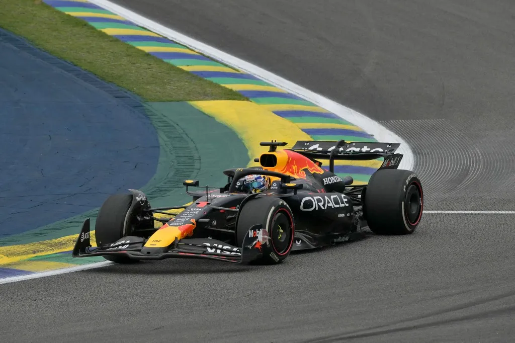 Red Bull Racing's Dutch driver Max Verstappen races during the Sao Paulo Formula One Grand Prix at the Jose Carlos Pace racetrack, aka Interlagos, in Sao Paulo, Brazil on November 9, 2025. (Photo by Nelson ALMEIDA / AFP)