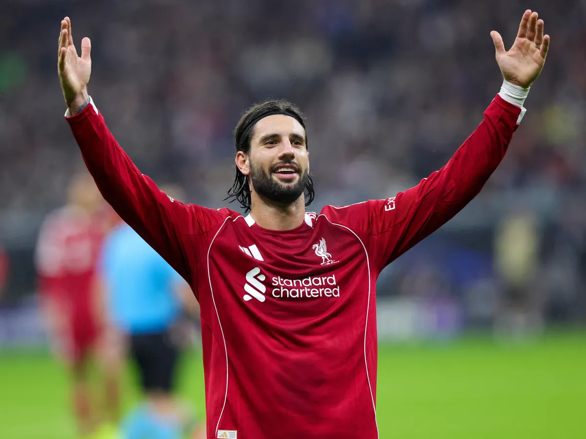 firo: 22.10.2025, Football, Football, UEFA Champions League, CL, CHL, Season 2025/2026, 3rd matchday, Eintracht Frankfurt - FC Liverpool 1:5 Dominik Szoboszlai, Liverpool jubilation after goal to 1:5 (Photo by Ralf Ibing / firo Sportphoto / dpa Picture-Alliance via AFP)
