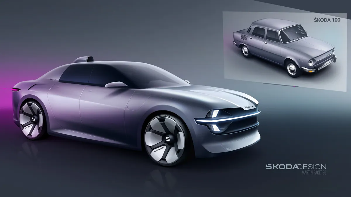 Az újragondolt Skoda 100-as digitális ábrája egy klasszikus Skoda 100-as mellett.