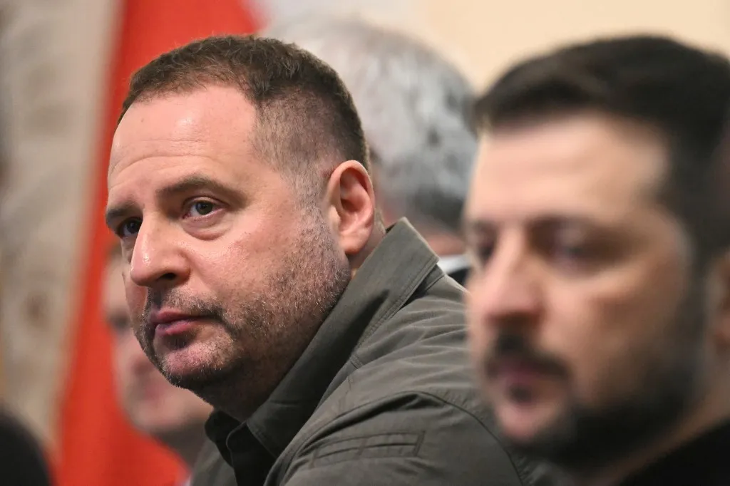 Head of the Office of the President of Ukraine Andriy Yermak (L) attends a meeting of Ukraine's President Volodymyr Zelensky (R) with the Polish President at Belweder Palace in Warsaw, Poland on January 15, 2025. (Photo by Sergei GAPON / AFP)