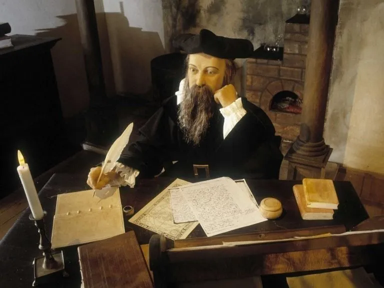 Reconstitution de Nostradamus (Michel de Nostre Dame (Nostre-Dame ou Nostredame, 1503-1566) dans son cabinet de travail en 1555. La Maison de Nostradamus. Salon de Provence. ©Jean Bernard/Leemage (Photo by Jean Bernard / leemage / Bridgeman Images via AFP)