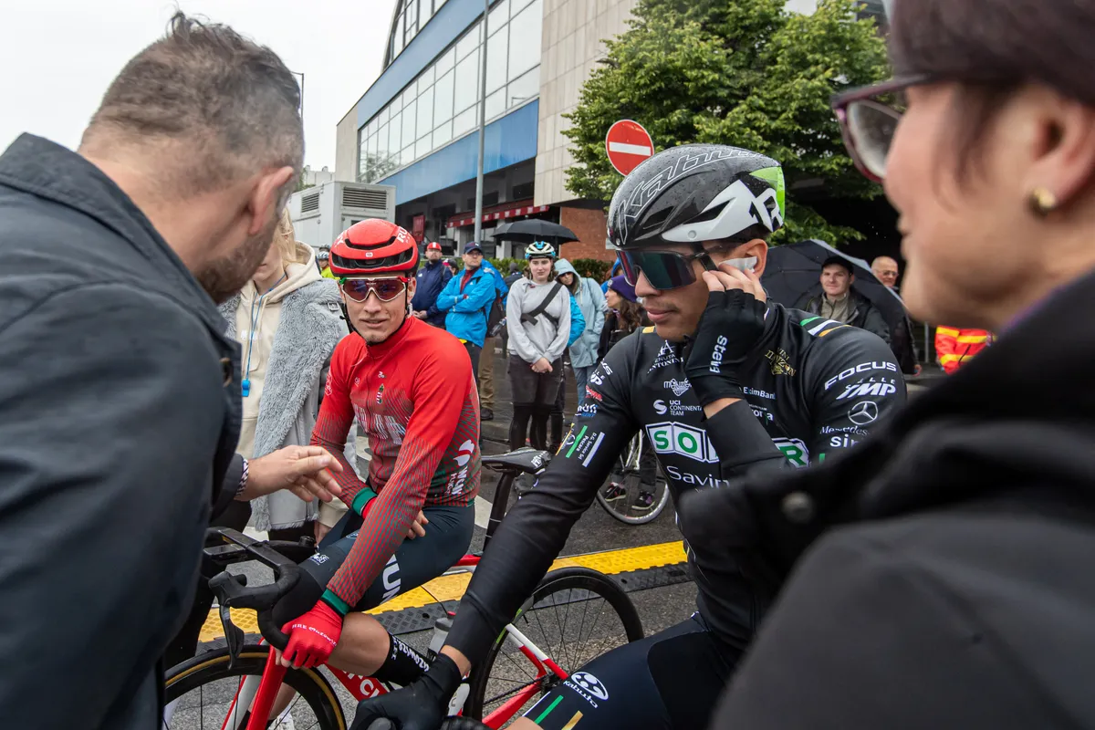 Viktor Filutas of National Team of Hungary rider and Oliver More-Gosselin of Sofer - Savini Due - OMZ rider talks with fans before the Tour de Hongrie Stage 5 (Budapest to Budapest) on May 14, 2023 in Budapest, Hungary. (Photo by Robert Szaniszlo/NurPhoto) (Photo by Robert Szaniszlo / NurPhoto via AFP), Karcag Cycling