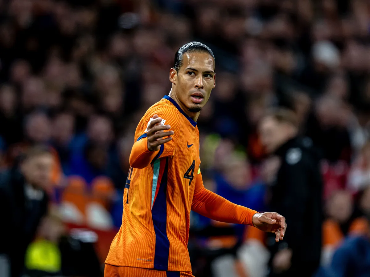 Netherlands defender Virgil van Dijk plays during the match between the Netherlands and Lithuania at the Johan Cruijff ArenA for the FIFA World Cup 2026 UEFA Qualifiers - Group G - Matchday 10 season 2025-2026 in Amsterdam, Netherlands, on November 17, 2025. (Photo by Stefan Koops/EYE4images/NurPhoto) (Photo by Stefan Koops / NurPhoto via AFP)