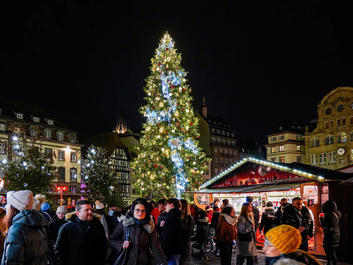 Strasbourg, France - Dec 14, 2024 : Christmas tree of Place Kléber during the Strasbourg Christmas Market in Alsace, France