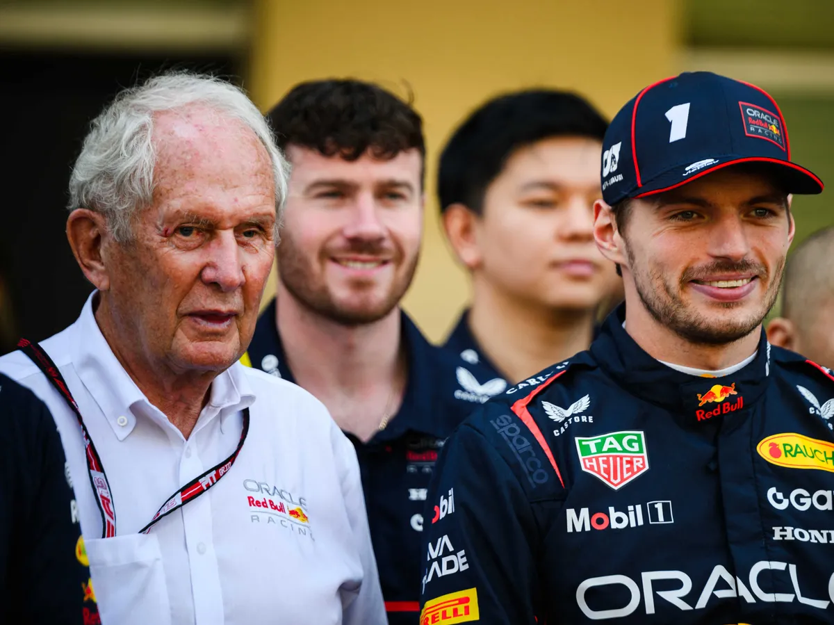 Helmut Marko and Max Verstappen of Oracle Red Bull Racing are on Yas Island, Abu Dhabi, on December 7, 2025, during race day. (Photo by Ahmad AlShehab/NurPhoto) (Photo by Ahmad AlShehab / NurPhoto via AFP)