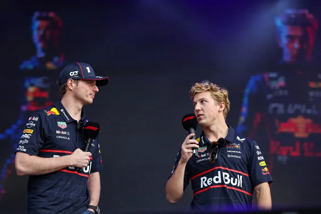 Max Verstappen of the Netherlands and Oracle Red Bull Racing and Liam Lawson of New Zealand and Oracle Red Bull Racing attend the Fan Forum during Qualifying ahead of the F1 Grand Prix of Australia at Albert Park Circuit in Melbourne, Australia, on March 15, 2025. (Photo by Qian Jun/Paddocker/NurPhoto) (Photo by Paddocker / NurPhoto via AFP)