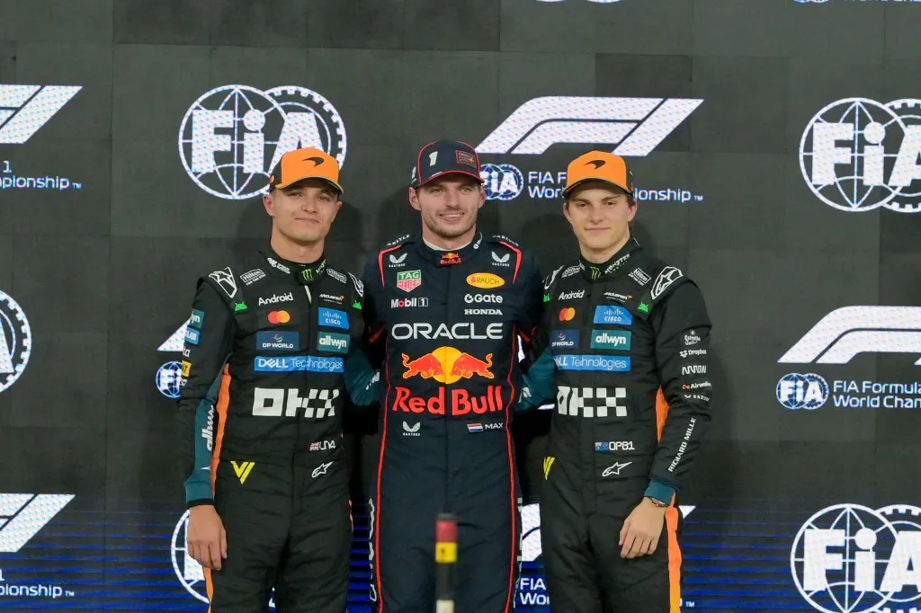 ABU DHABI, UNITED ARAB EMIRATES - DECEMBER 6: Max Verstappen of Red Bull, Lando Norris and Oscar Piastri of McLaren are seen after competing qualifying session ahead of F1 Abu Dhabi Grand Prix at Yas Marina Circuit in Abu Dhabi, United Arab Emirates on December 6, 2025. Waleed Zein / Anadolu (Photo by Waleed Zein / Anadolu via AFP)
