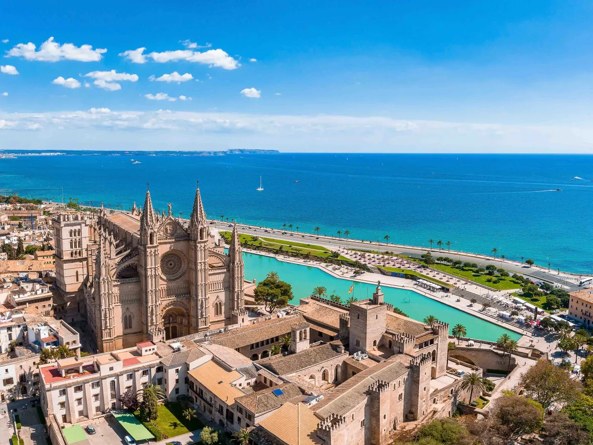 Aerial view of La Seu, the gothic medieval cathedral of Palma de Mallorca in Spain