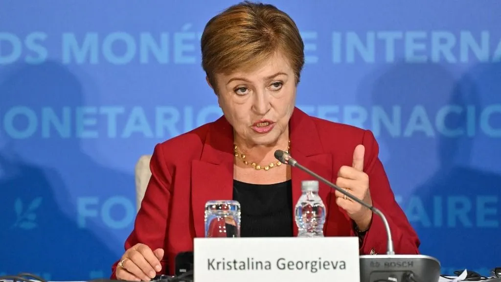 International Monetary Fund (IMF) Managing Director Kristalina Georgieva speaks during a press conference on the annual assessment of the Chinese economy in Beijing on December 10, 2025. (Photo by ADEK BERRY / AFP)