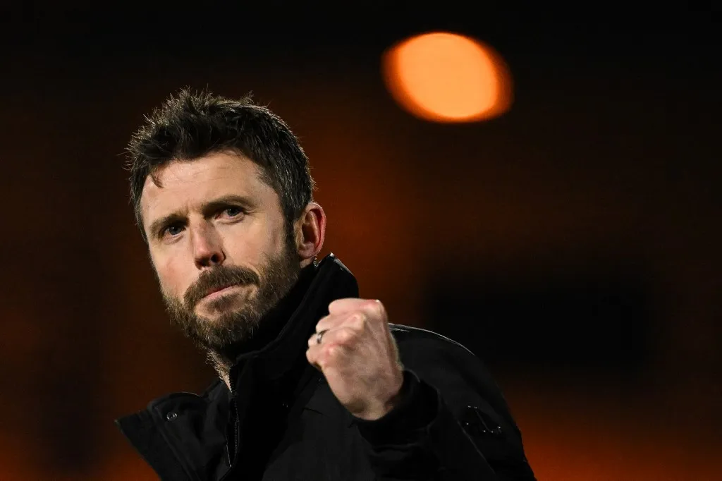 (FILES) Middlesbrough's English manager Michael Carrick celebrates at the end of the English League Cup quarter-final football match between Port Vale and Middlesbrough at Vale Park in Stoke-on-Trent, central England on December 19, 2023. Manchester United confirmed Michael Carrick as interim manager until the end of the season on Tuesday, tasking him with leading the Red Devils back into the Champions League. (Photo by Oli SCARFF / AFP) / RESTRICTED TO EDITORIAL USE. No use with unauthorized audio, video, data, fixture lists, club/league logos or 'live' services. Online in-match use limited to 120 images. An additional 40 images may be used in extra time. No video emulation. Social media in-match use limited to 120 images. An additional 40 images may be used in extra time. No use in betting publications, games or single club/league/player publications. / 