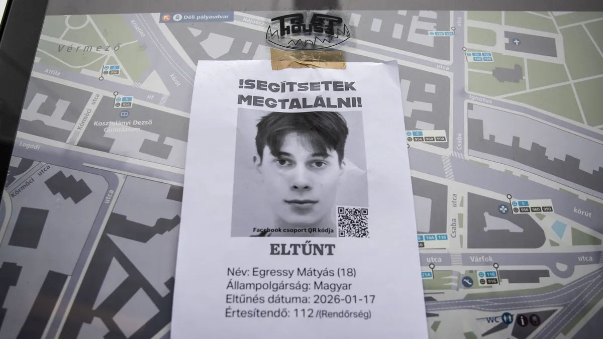 Eltűnt Egressy Mátyás feliratos szórólap a Szél Kálmán téren 2026 január 19-én