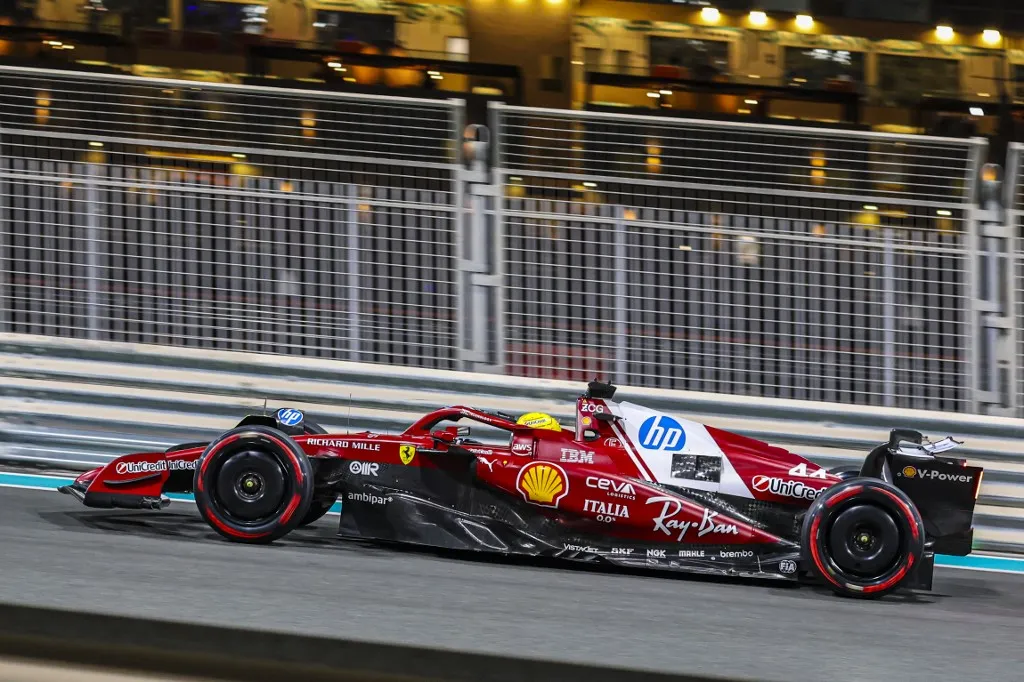 Lewis Hamilton of Great Britain driving the F1 race car No 44 the Scuderia Ferrari SF-25, for Scuderia Ferrari HP Formula One Team, on track during the post-season testing day after the 2025 Etihad Airways Abu Dhabi Grand Prix at Yas Marina Circuit, Abu Dhabi, United Arab Emirates on December 9, 2025 (Photo by Nicolas Economou/NurPhoto) (Photo by Nicolas Economou / NurPhoto via AFP)