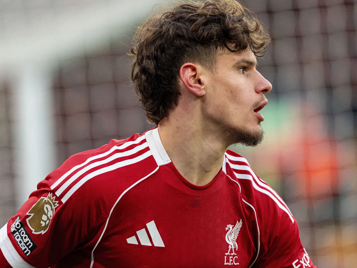 Liverpool's Milos Kerkez plays during the Premier League match between Liverpool and Wolverhampton Wanderers at Anfield in Liverpool, England, on December 27, 2025. (Photo by Steven Halliwell/MI News/NurPhoto) (Photo by MI News / NurPhoto via AFP)
