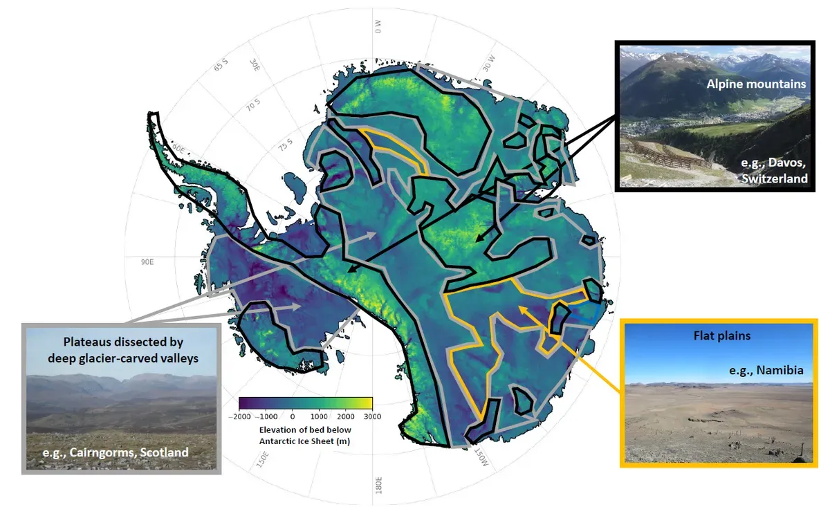 Az új kutatásból származó térkép, amely összehasonlító példákkal szemlélteti az Antarktisz jég alatti táját.