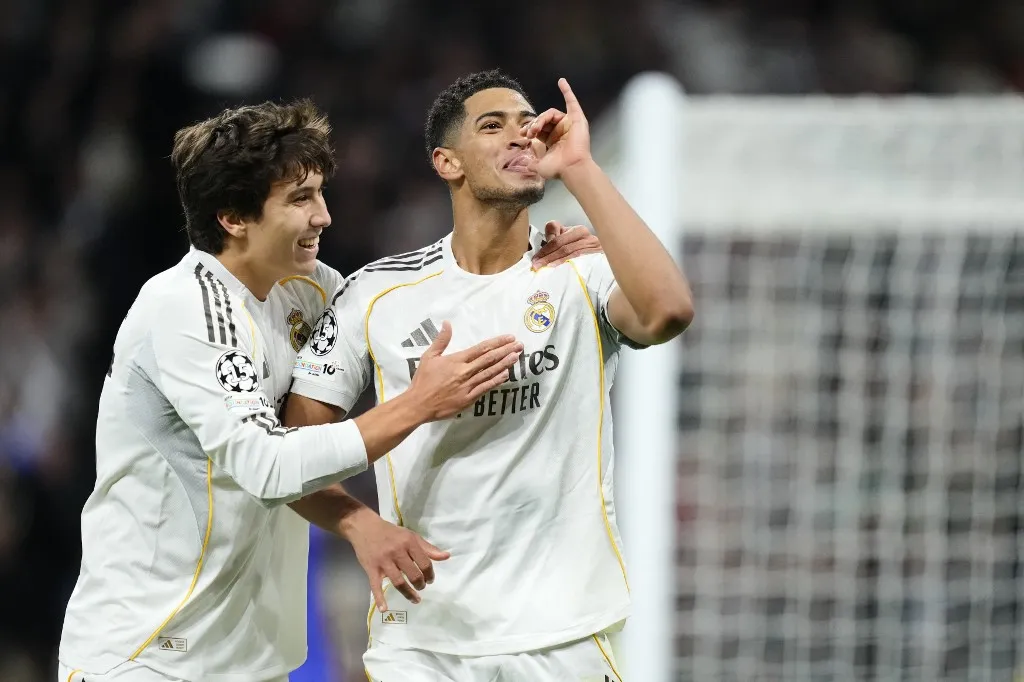 Jude Bellingham central midfield of Real Madrid and England celebrates after scoring his sides first goal during the UEFA Champions League 2025/26 League Phase MD7 match between Real Madrid C.F. and AS Monaco at Estadio Santiago Bernabeu on January 20, 2026 in Madrid, Spain. (Photo by Jose Breton/Pics Action/NurPhoto) (Photo by Jose Breton / NurPhoto via AFP)