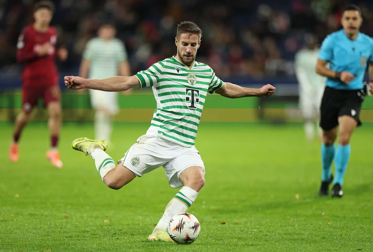SALZBURG, AUSTRIA - OCTOBER 23: Barnabas Varga of Ferencvaros passes the ball during the UEFA Europa League 2025/26 League Phase MD3 match between FC Salzburg and Ferencvarosi TC at Stadion Salzburg on October 23, 2025 in Salzburg, Austria. (Photo by Adam Pretty/Getty Images)