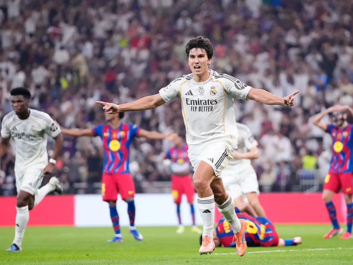 Gonzalo Garcia right winger of Real Madrid and Spain celebrates after scoring his sides first goal during the Spanish Super Cup final match between FC Barcelona and Real Madrid at King Abdullah Sports City Hall Stadium on January 11, 2026 in Jeddah, Saudi Arabia.   (Photo by Jose Breton/Pics Action/NurPhoto) (Photo by Jose Breton / NurPhoto via AFP)