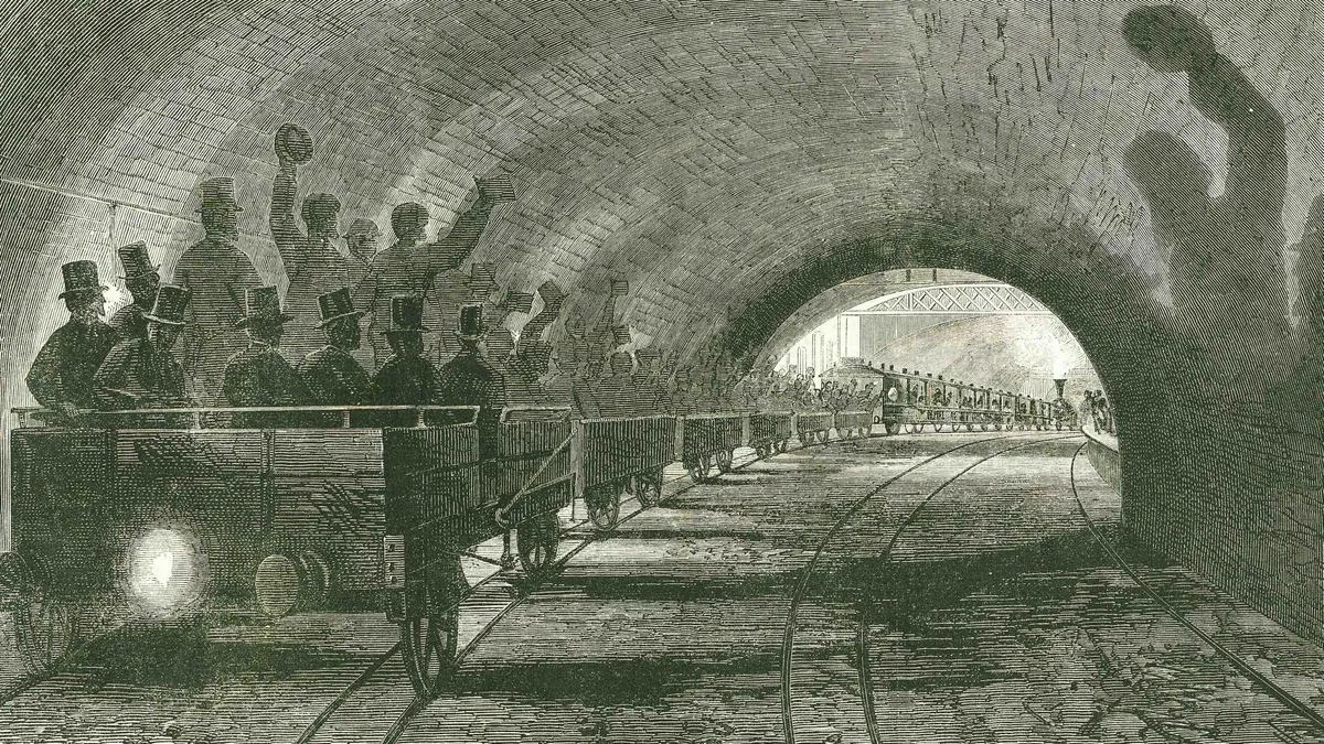 első föld alatti vasút 1863, London, elsőföldalattivasút1863London, Underground railway: trial trip on the Metropolitan line, train passing Portalnd Road station, London. The line opened to the public in 1863. From "The Illustrated London News", 13 September 1862.World History Archive (Photo by Ann Ronan Picture Library / Photo12 via AFP)