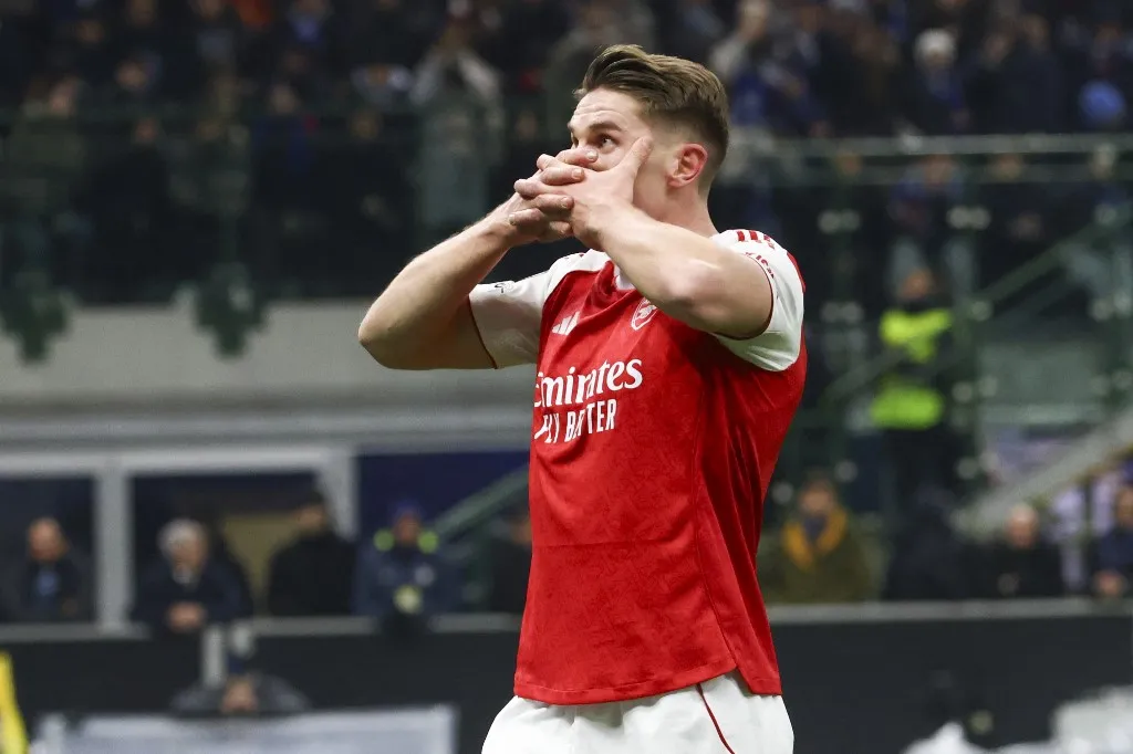 Viktor Gyokeres celebrates the goal during the UEFA Champions League 2025/26 match between FC Internazionale and FC Arsenal in Milano, Italy, on January 20, 2026, at Giuseppe Meazza stadium (Photo by Mairo Cinquetti/NurPhoto). (Photo by Mairo Cinquetti / NurPhoto via AFP)