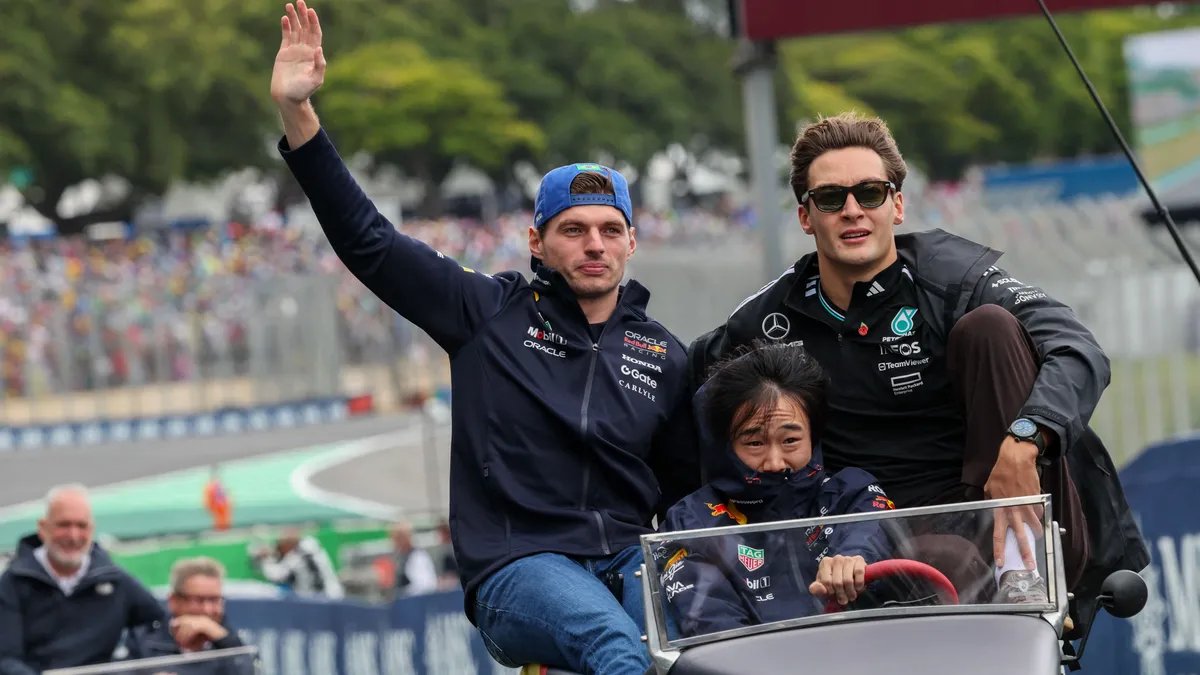 Max Verstappen, Yuki Tsunoda, and George Russell participate in the Formula 1 MSC Cruises Grande Premio De Sao Paulo 2025 in Sao Paulo, Brazil, on November 9, 2025. (Photo by Alessio Morgese/NurPhoto) (Photo by Alessio Morgese / NurPhoto via AFP)