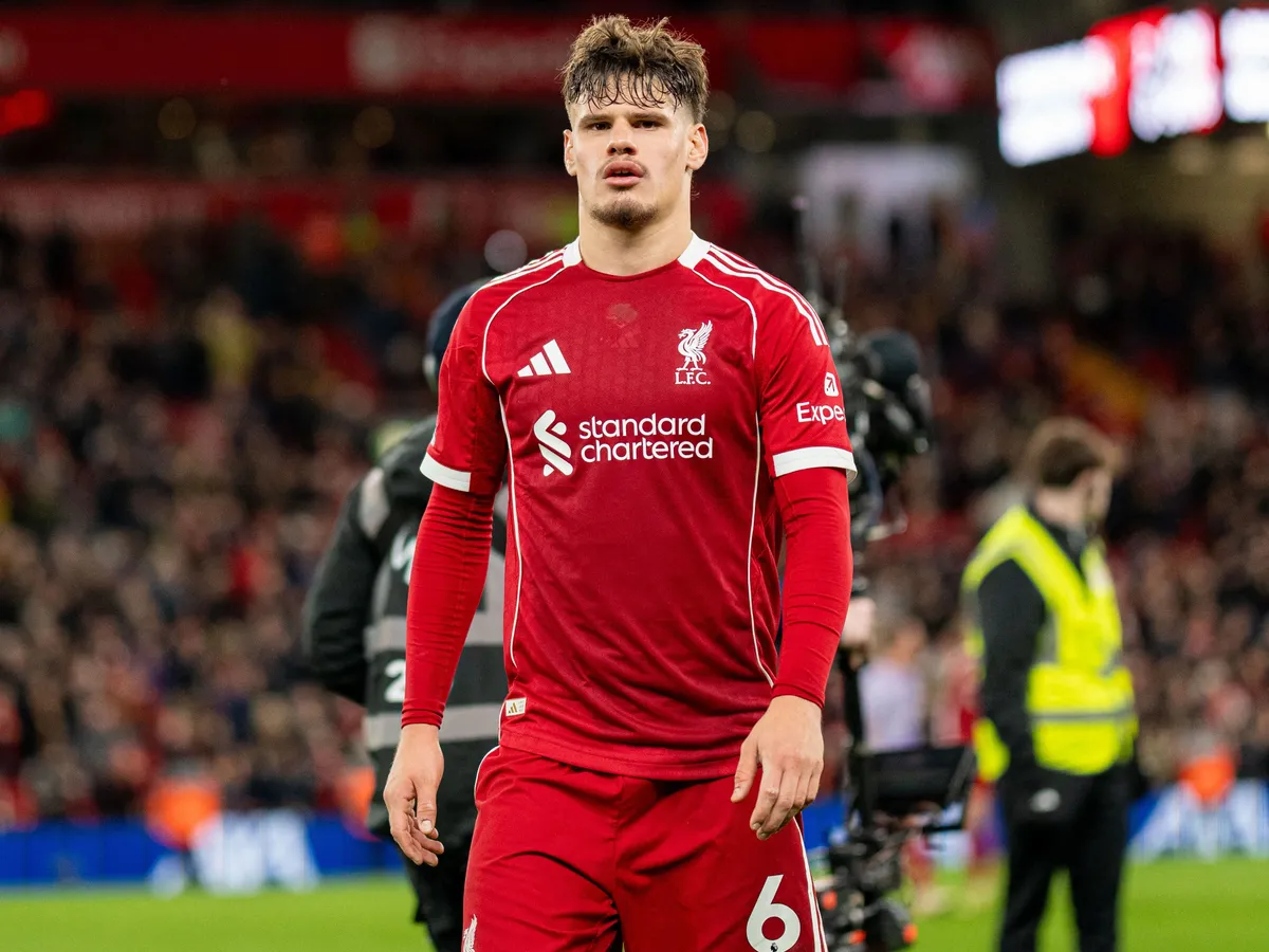 Milos Kerkez of Liverpool is seen during the Premier League match between Liverpool and Brighton and Hove Albion at Anfield in Liverpool, England, on December 13, 2025. (Photo by Steven Halliwell/MI News/NurPhoto) (Photo by MI News / NurPhoto via AFP)