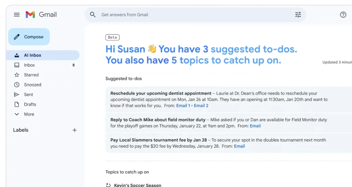 Egy új áttekintőoldalon rendezetten összefoglalná a levelekben lévő legfontosabb információkat a Gmail, fehívná a figyelmet a függő teendőkre