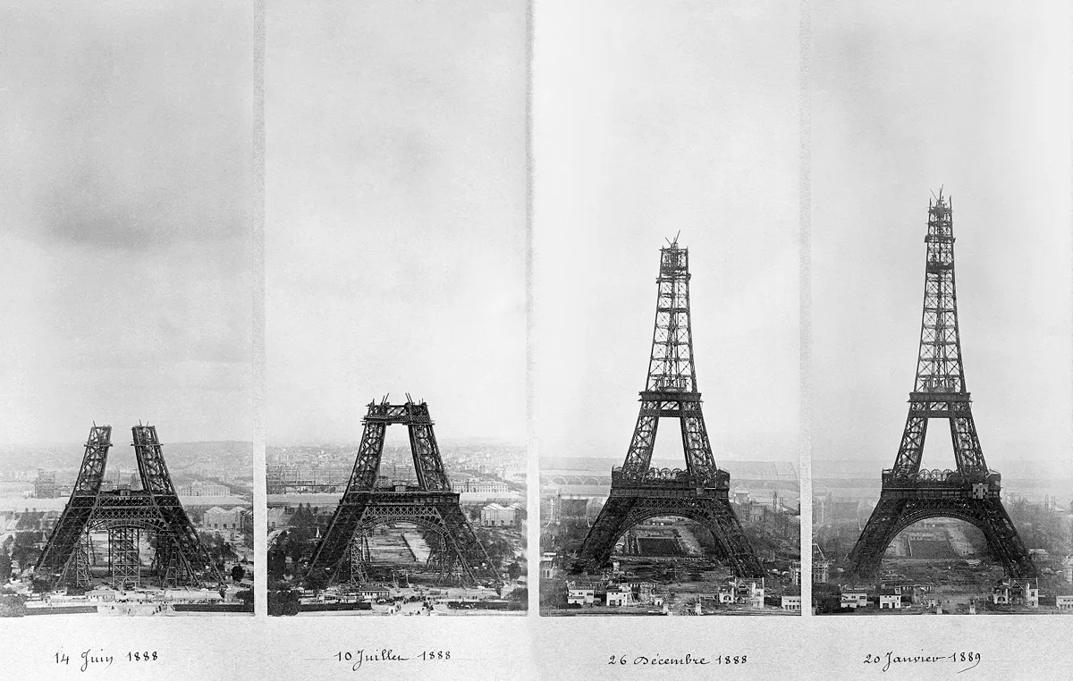 Combination of 4 pictures of Eiffel Tower's construction. From left to right, the Eiffel Tower photographed on June 14, 1888, July 10, 1888, December 26, 1888 and January 20, 1889. STF / AFP (Photo by AFP)
