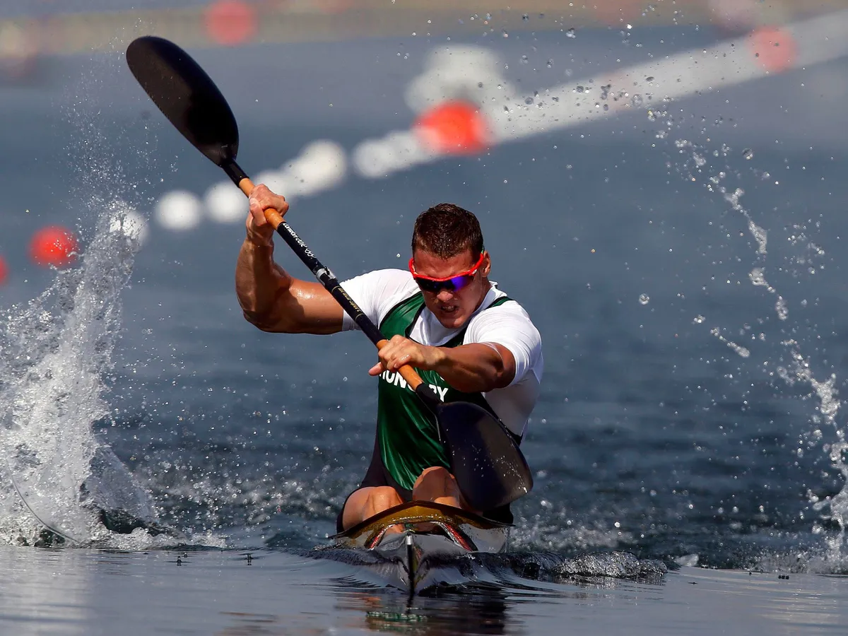 WINDSOR, ENGLAND - AUGUST 10:  Hungary's Dudás Miklós competes in the men's kayak single (K1) 200m semifinal on Day 14 of the London 2012 Olympic Games at Eton Dorney on August 10, 2012 in Windsor, England.  (Photo by Jim Young - IOPP Pool /Getty Images)