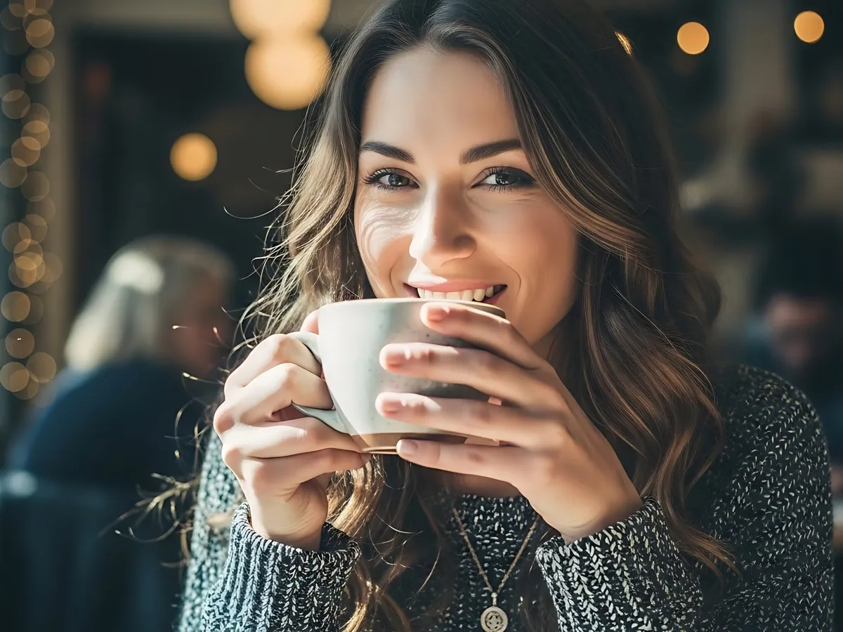 Beautiful young woman is drinking coffee and smiling while sitting in cafe