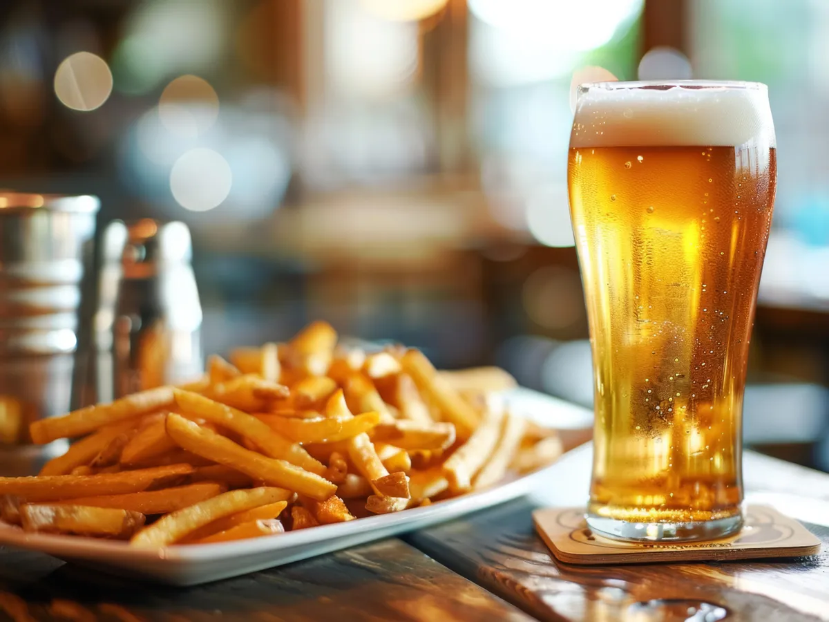 An inviting photo of a cold, frothy beer next to a generous serving of golden French fries, symbolizing leisure and comfort dining.