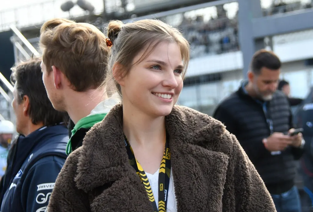 05.10.2025, Hockenheimring, Hockenheim, DTM race Hockenheimring, in the picture David Schumacher, son of Ralf Schumacher with girlfriend Vivien Keszthelyi, a Hungarian racing driver. (Photo by Midori Ikenouchi/Hasan Bratic / dpa Picture-Alliance via AFP)