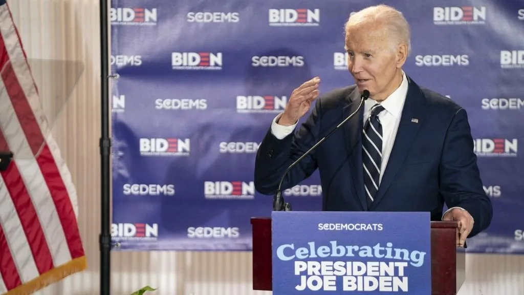 COLUMBIA, SOUTH CAROLINA - FEBRUARY 27: Former President Joe Biden speaks to a crowd during a fundraising event with the South Carolina Democratic Party at the Columbia Museum of Art on February 27, 2026 in Columbia, South Carolina. The event marked the sixth anniversary of Biden's presidential primary win in the early voting state of South Carolina. Sean Rayford/Getty Images/AFP (Photo by Sean Rayford / GETTY IMAGES NORTH AMERICA / Getty Images via AFP)